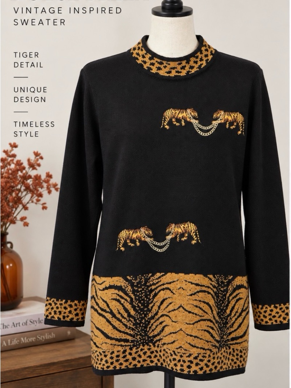 Vintage Dolce Bella Wool Blend Embroidered Tiger Sweater Tunic Animal Print